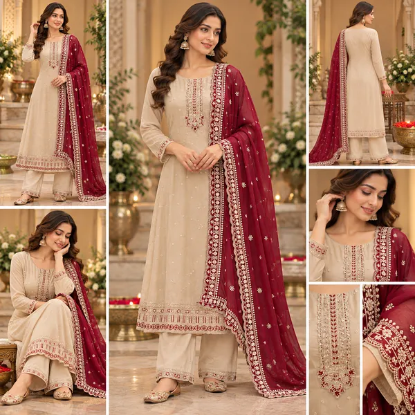 Beige_With_Marron_Anarkali__Set_For_Women