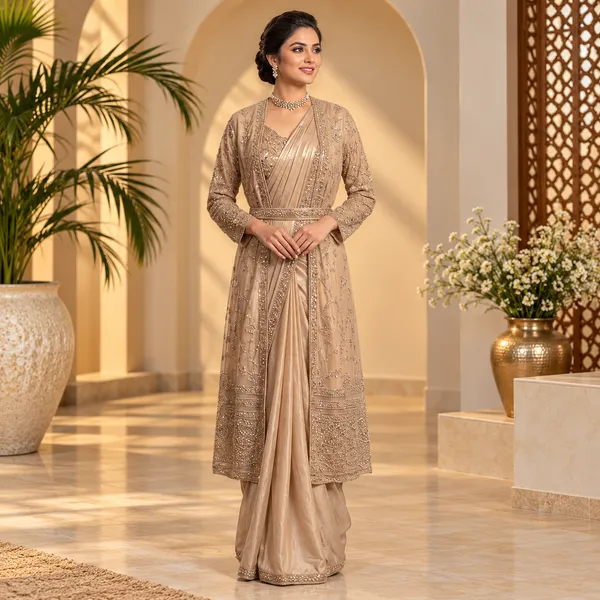 Beige_Lycra_Readymade_Jacket_Saree_For_women