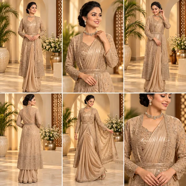 Beige_Lycra_Readymade_Jacket_Saree_For_women