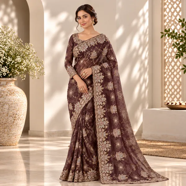 Brown_Tissue_Net_Saree_With_Blouse_Piece_For_women