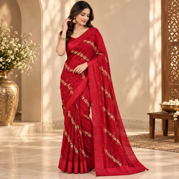 Red_Chiffon_Saree_With_Satin_Border_With_Blouse_Piece_For_women