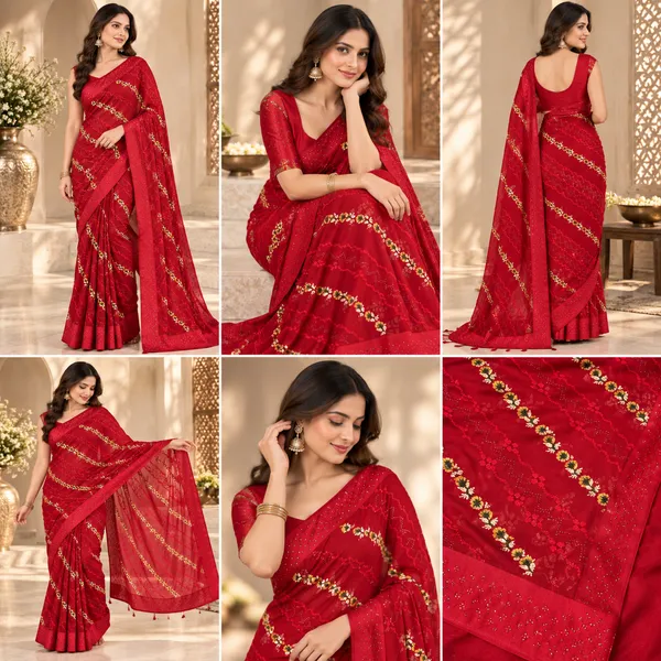 Red_Chiffon_Saree_With_Satin_Border_With_Blouse_Piece_For_women