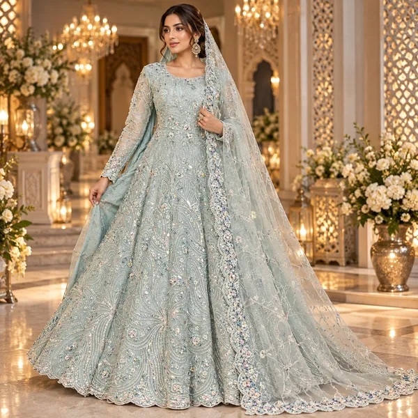 Sky_Blue_Net_Gown_And_Dupatta_For_Women