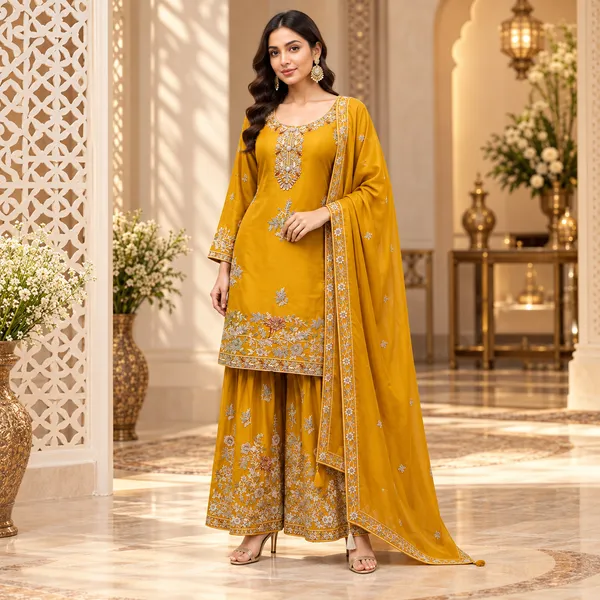 Yellow_Embroided_Vichitra_Silk_Plazo_Set__For_Women