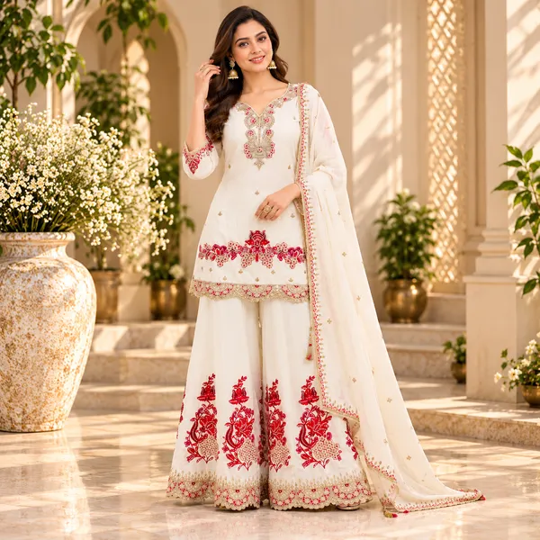 White_Georgette_Contrast_Embroided_Plazo__Set_For_Women