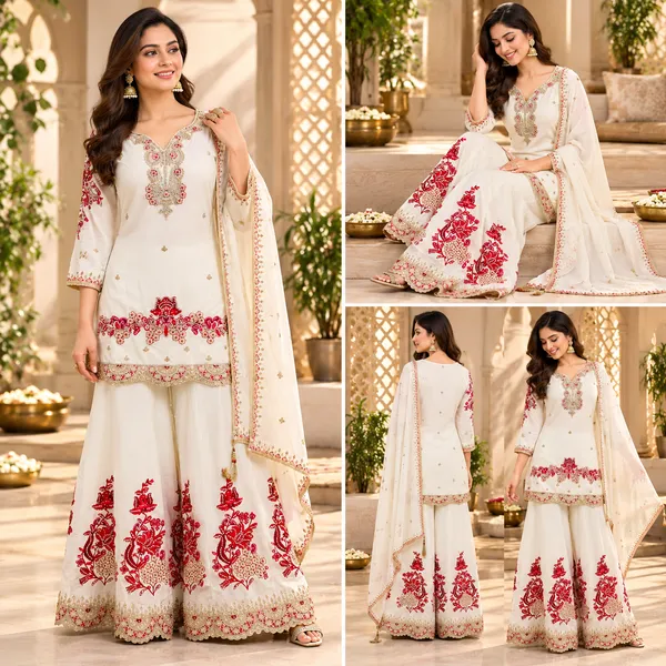 White_Georgette_Contrast_Embroided_Plazo__Set_For_Women