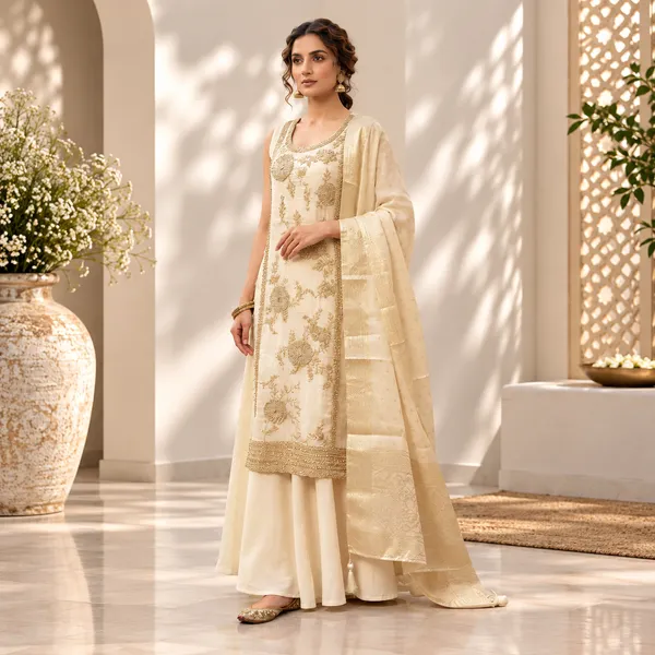 Beige_Indo-Wester_Silk_Plazo_Set_For_Women