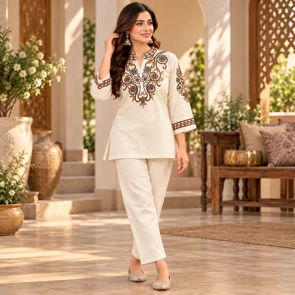 Beige_With_Brown_Embroidery_Co-Ord_Set_For_Women