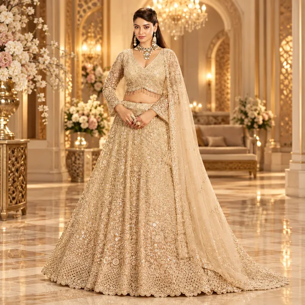 Beige_Net_Lehenga_Blouse_And_Dupatta_For_Women
