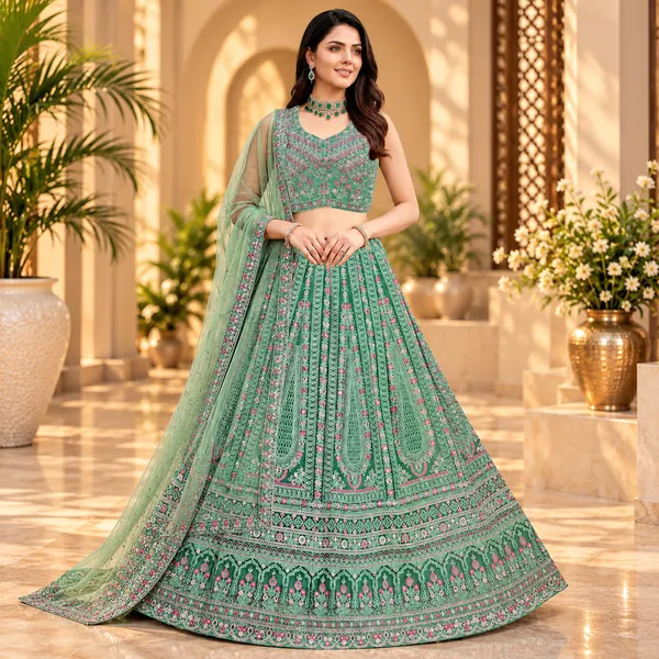 Light_Green_Net_Lehenga_Blouse_And_Dupatta_For_Women