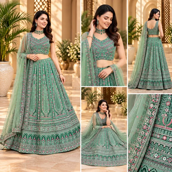 Light_Green_Net_Lehenga_Blouse_And_Dupatta_For_Women