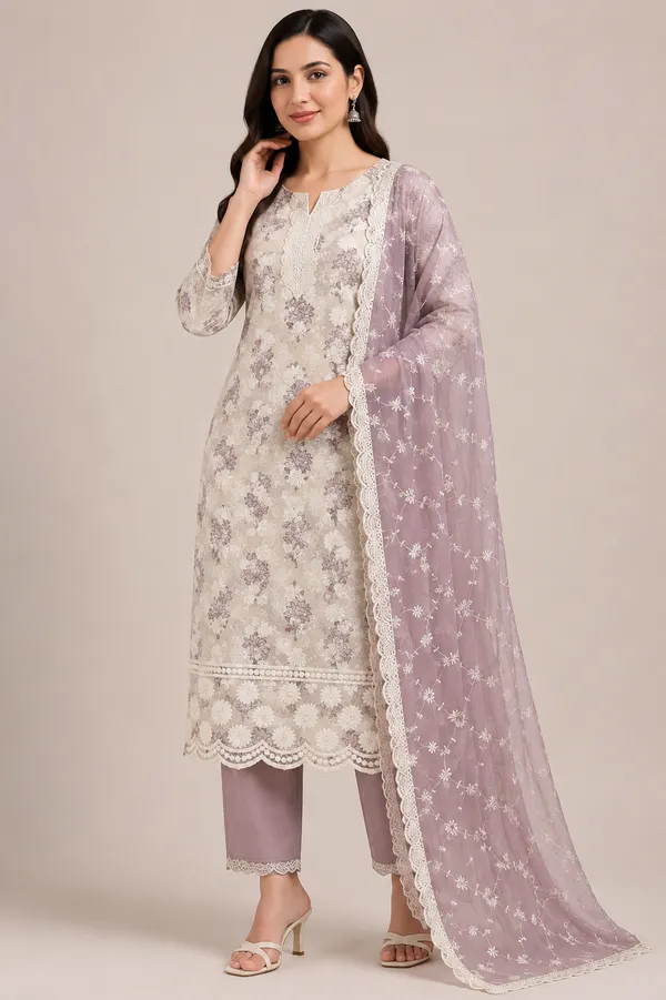Cream_Lavender_Cotton_Kurta_Set_For_Women