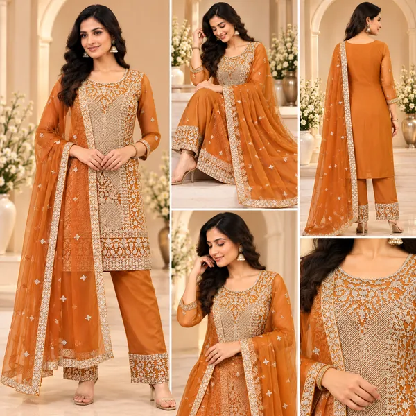 Orange_Tissue_Net_Pant__Set_For_Women