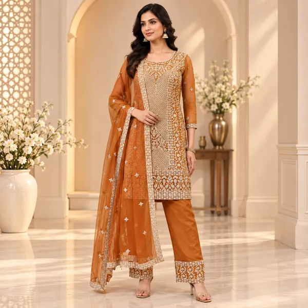 Orange_Tissue_Net_Pant__Set_For_Women