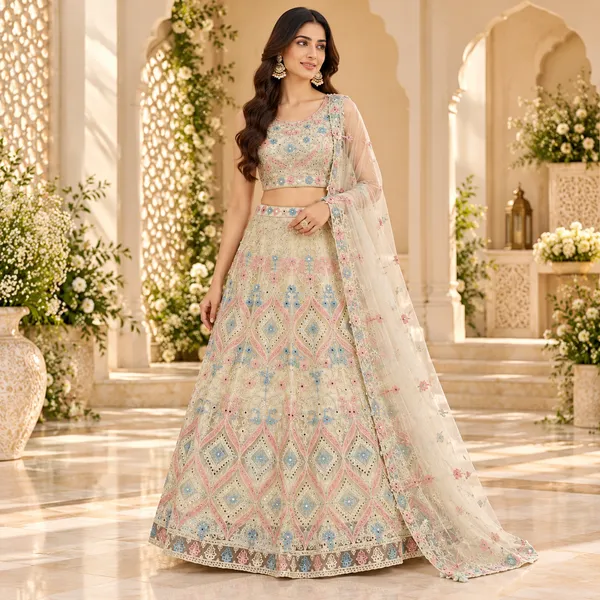 Beige_Embroided_Net_Lehenga_Blouse_And_Dupatta_For_Women