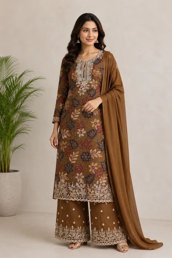 Brown_Rayon_Cotton_Floral_Embroidered_Unstitched_Kurta_Set_For_Women