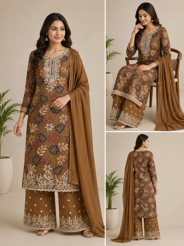 Brown_Rayon_Cotton_Floral_Embroidered_Unstitched_Kurta_Set_For_Women