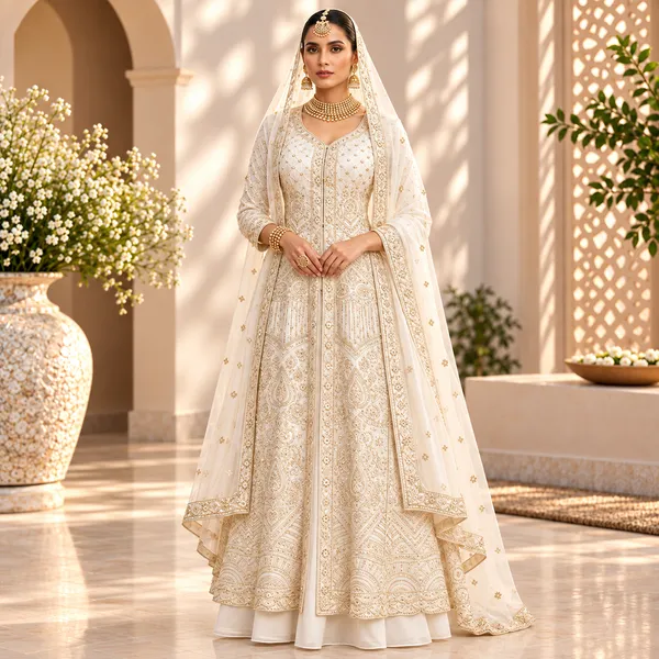 White_Embroded_And_Swaroski_Work_Indo-Western_Georgette_Plazo__Set_For_Women
