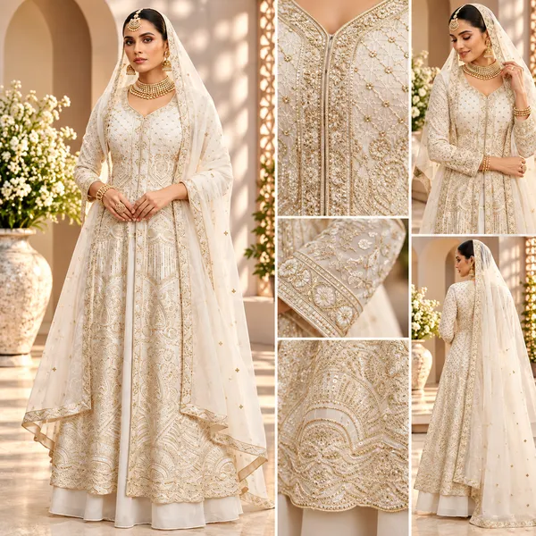 White_Embroded_And_Swaroski_Work_Indo-Western_Georgette_Plazo__Set_For_Women
