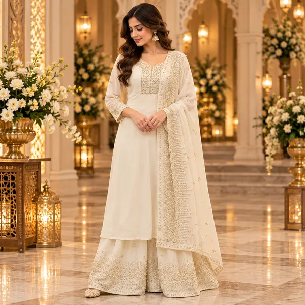White_Georgette_Plazo_Set_For_Women