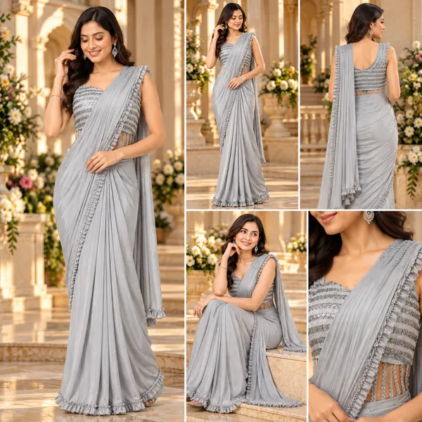 Silver_Lycra_Readymade_Saree_And__Blouse_For_women