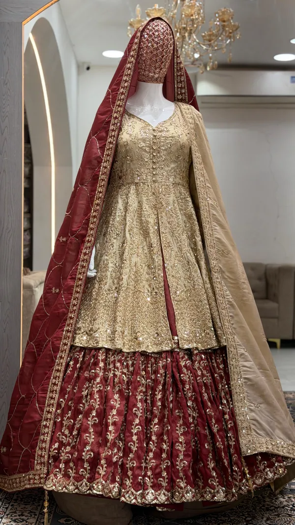 Gold_Rust_Shimmer_Peplum_Top_With_Front_Cut_Farshi_Skirt_With_Dupatta_For_Women