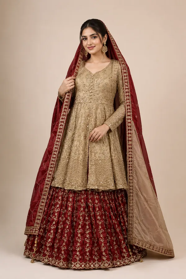 Gold_Rust_Shimmer_Peplum_Top_With_Front_Cut_Farshi_Skirt_With_Dupatta_For_Women