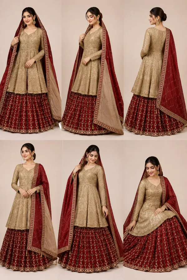 Gold_Rust_Shimmer_Peplum_Top_With_Front_Cut_Farshi_Skirt_With_Dupatta_For_Women