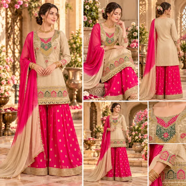 Gold_With_Rani_Pink_Gharara_Set_For_Women