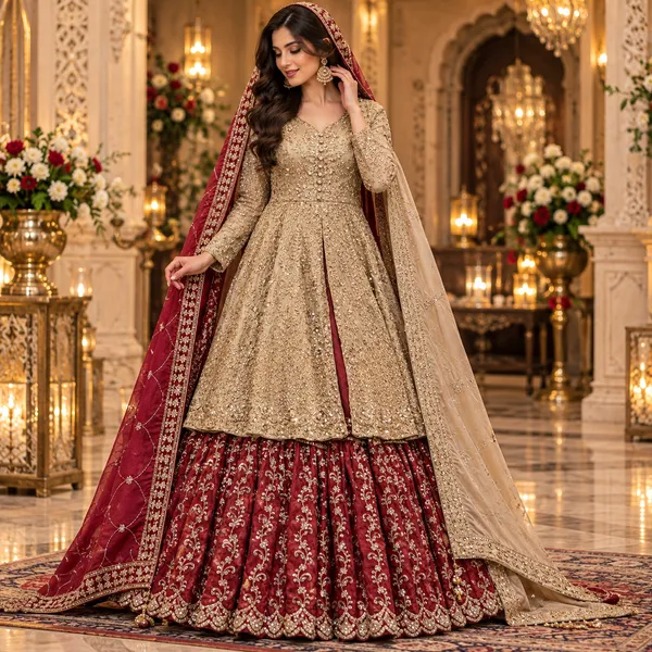 Gold_With_Rust_Shimmer_Top_Skirt_And_Double_Dupatta_For_Women