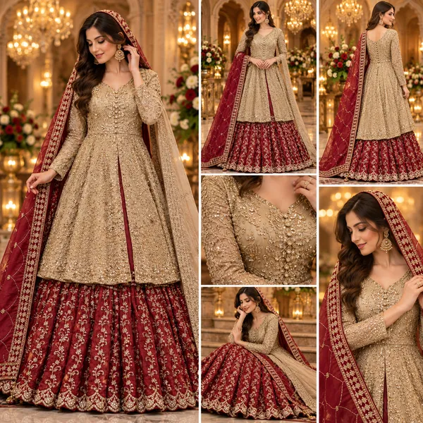 Gold_With_Rust_Shimmer_Top_Skirt_And_Double_Dupatta_For_Women