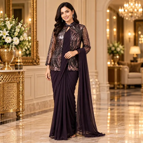 Wine_Lycra_Readymade_Saree_Blouse_And_Jacket_For_women