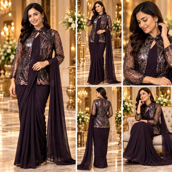 Wine_Lycra_Readymade_Saree_Blouse_And_Jacket_For_women