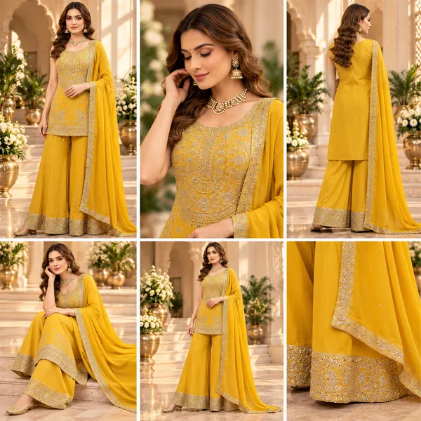 Yellow_Vichitra_Plazo_Set_For_Women