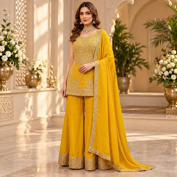 Yellow_Vichitra_Plazo_Set_For_Women
