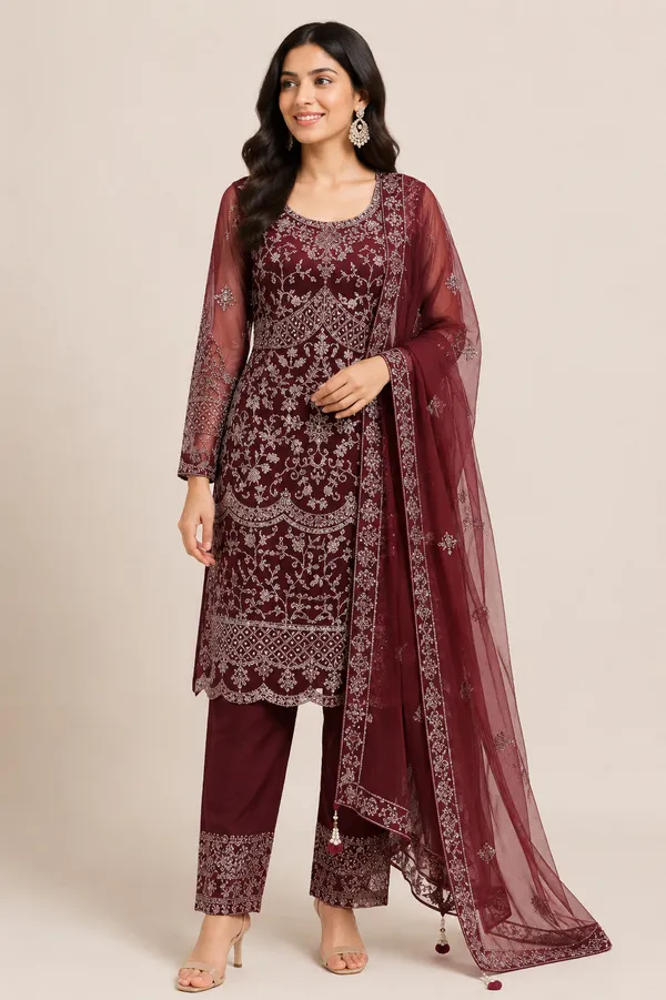 Marron_Net_Kurta_Set_For_Women