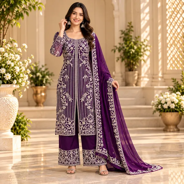 Wine_Net_Georgette_Pant_Set_For_Women