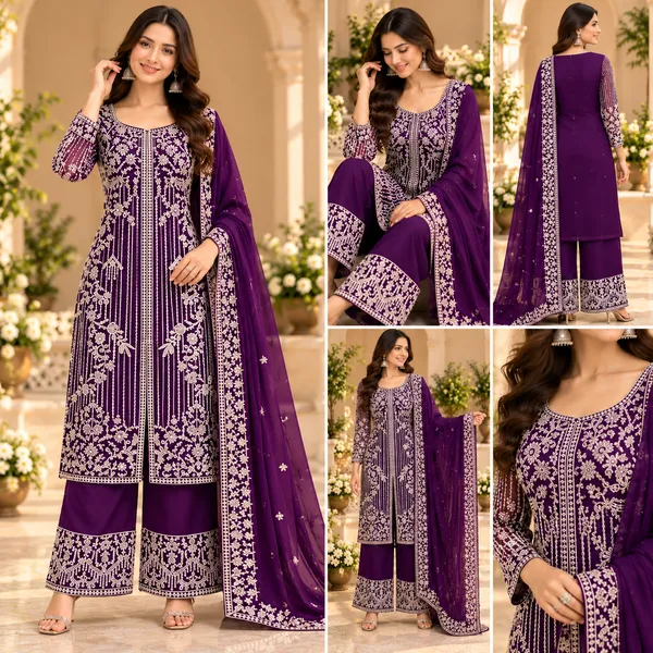Wine_Net_Georgette_Pant_Set_For_Women