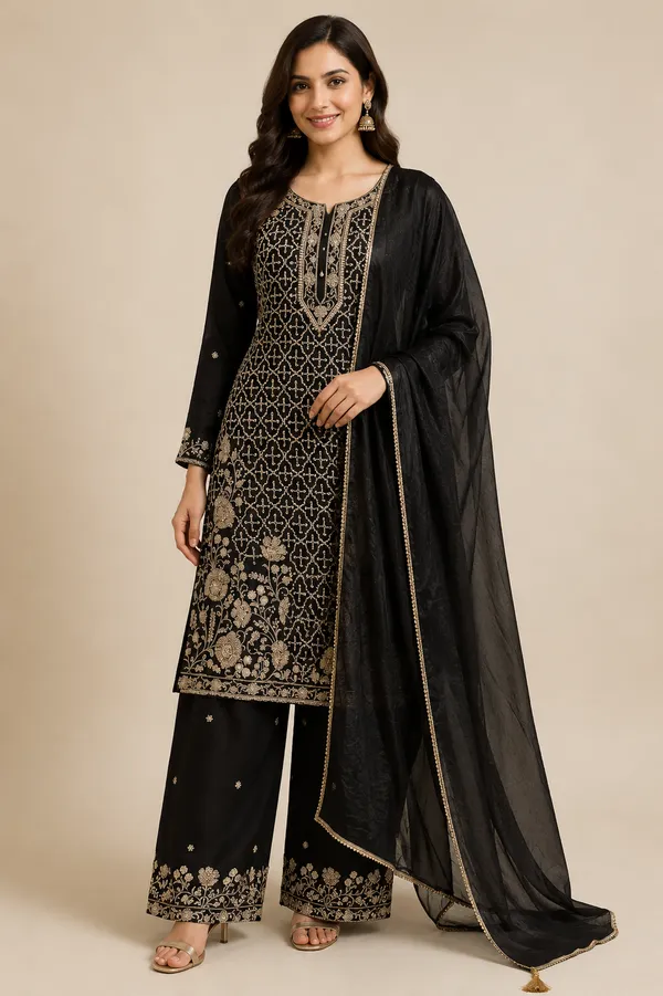 Black_Vichitra_Kurta_Set_For_Women