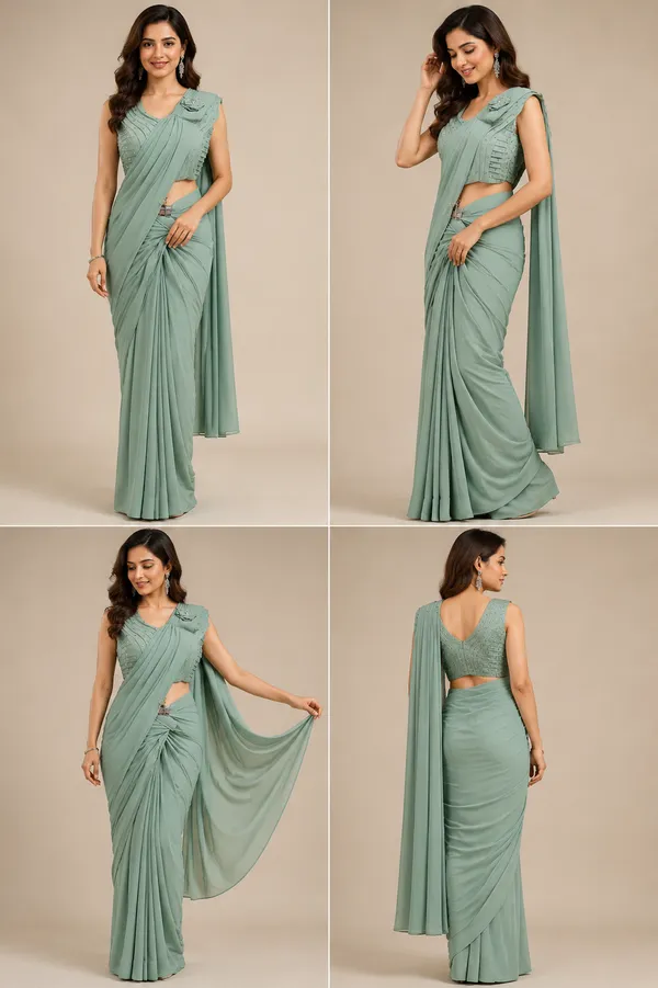 Sage_Green_Lycra_Saree_Blouse_And_Dupatta_For_women