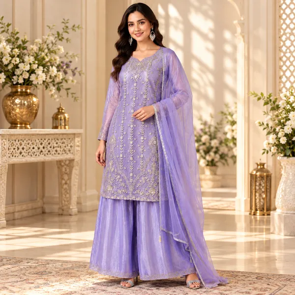 Lavender_Imported_Georgette_Hand_Work_Pant_Set_For_Women