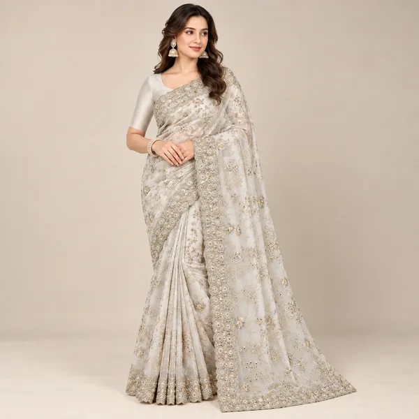 White_Georgette_Saree_With_Blouse_Piece_For_women