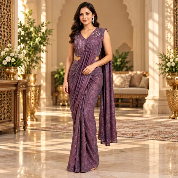 Wine_Lycra_Readymade_Saree_And_Blouse_For_women