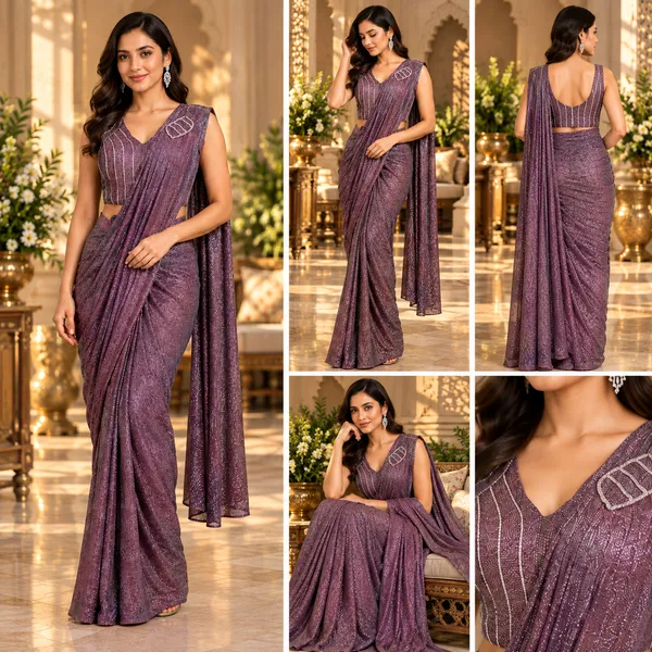 Wine_Lycra_Readymade_Saree_And_Blouse_For_women