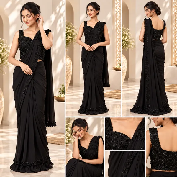 Black_Lycra_Readymade__Saree_And__Blouse_For_women