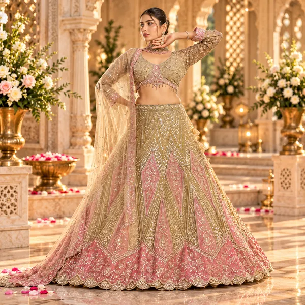 Beige_With_Pink_Net_Lehenga_Blouse_And_Dupatta_For_Women