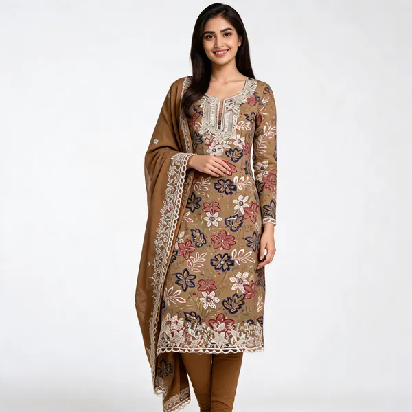 Brown_Cotton_Floral_Embroidered_Unstitched_Kurta_Set_For_Women
