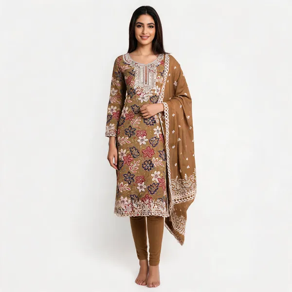 Brown_Cotton_Floral_Embroidered_Unstitched_Kurta_Set_For_Women