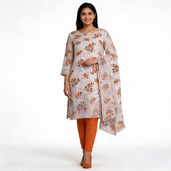 White_Cotton_Floral_Print_Unstitched_Kurta_Set_For_Women