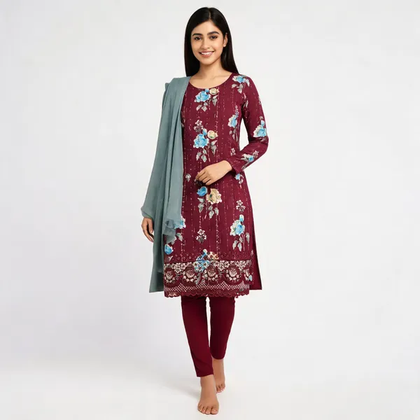Maroon_Cotton_Floral_Print_Unstitched_Kurta_Set_For_Women